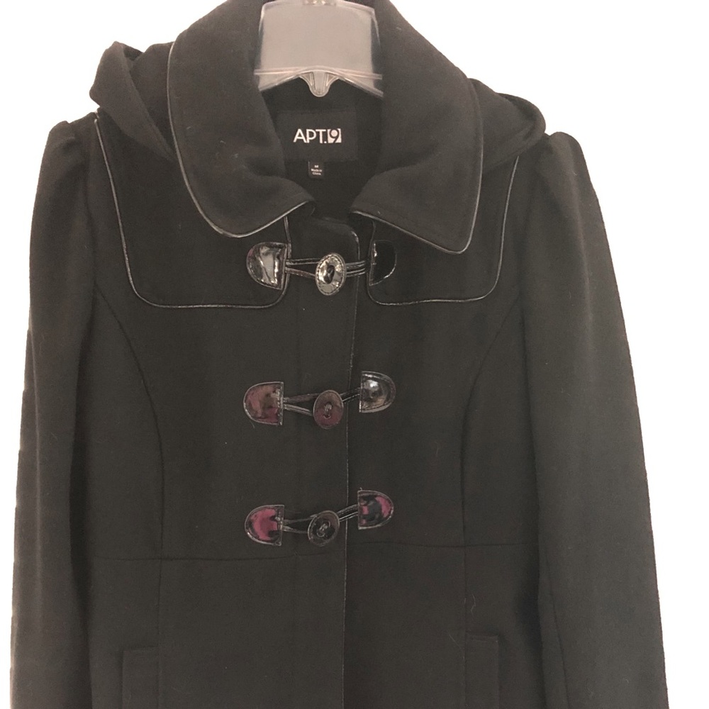 Cute Wool Jacket with hood with faux leather trim strap & button on cuff.